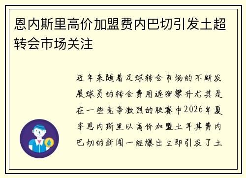 恩内斯里高价加盟费内巴切引发土超转会市场关注 恩内斯里高价加盟费内巴切引发土超转会市场关注